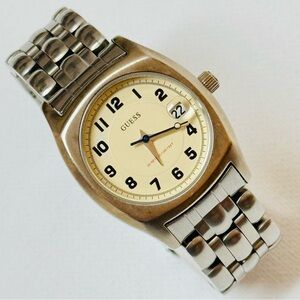 Vintage Guess Waterpro 6" MAX!! Women's Silver Art Deco Bracelet Watch Date